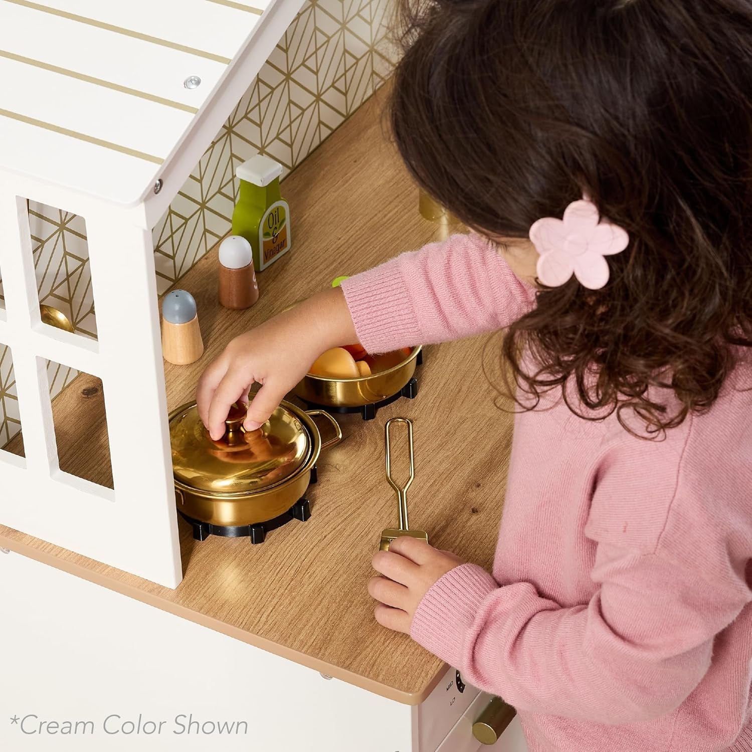 Pretend Play Wooden Farmhouse Kitchen Set for Kids W/ Toy Storage, Clicking Knobs, Windows, 5 Accessories Included - Sage