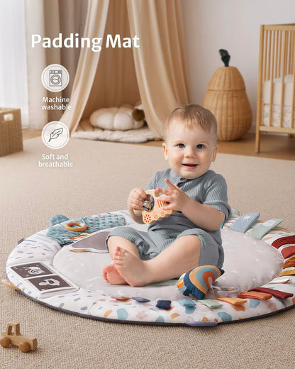 Baby Play Gym &amp; Activity Mat, 5 Developmental Zones Wooden Tummy Time Mat with 6 Detachable Sensory Toys for Motor Skills &amp; Sensory Development, Baby Essentials Shower Gift