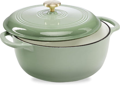 6 Quart Enamel Cast-Iron round Dutch Oven, Family Style Heavy-Duty Pre-Seasoned Cookware for Home, Kitchen, Dining Room, Oven Safe W/Lid, Dual Handles - Sage Green