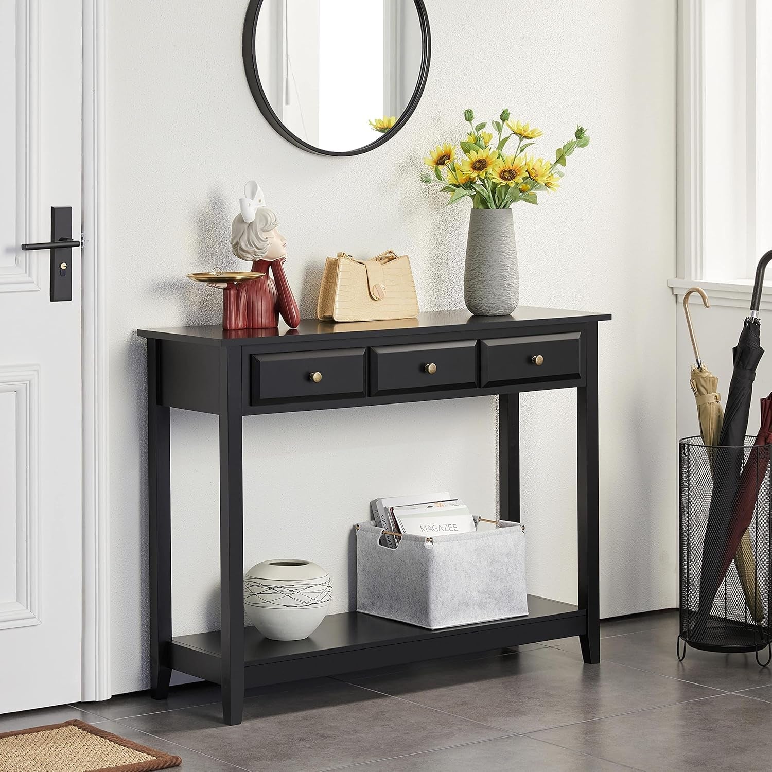 Console Table with 3 Drawers, Wood Entryway Table with Storage Shelf, Sofa Table Narrow Long for Living Room, Entryway, Hallway, Foyer, Black