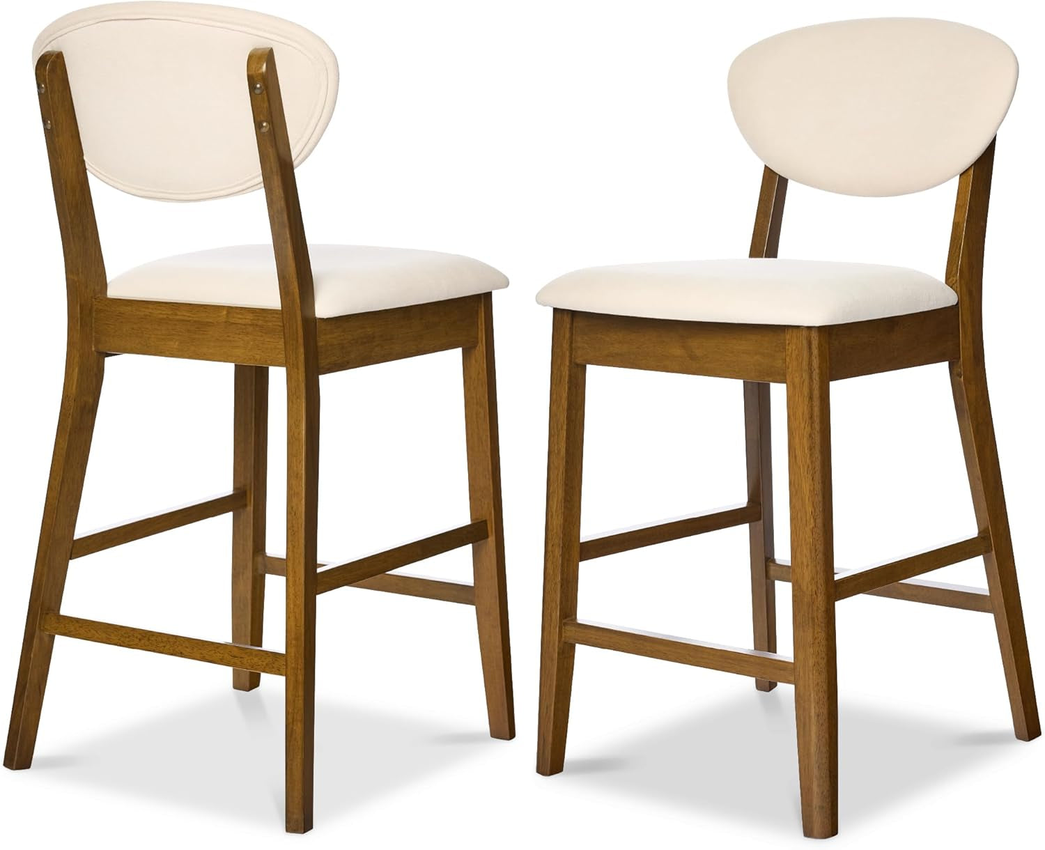 Bar Stool Set of 2, Mid-Century Modern Upholstered Wood, Armless Counter Height W/Seat Cushion, Backrest - Walnut/Cream