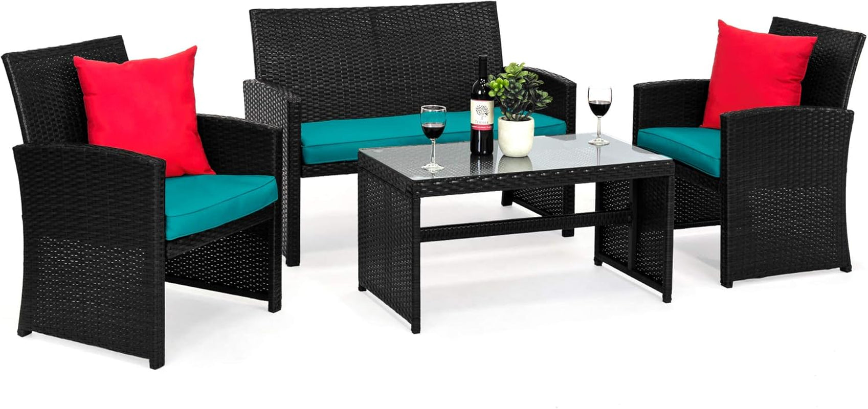 4-Piece Outdoor Wicker Patio Conversation Furniture Set for Backyard W/Coffee Table, Seat Cushions - Gray/Navy