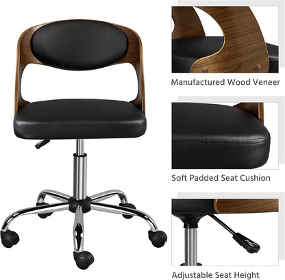 Adjustable Office Chair Armless Desk Chair Walnut Wood Finish Computer Chair Bent Wooden Desk Chair Height Adjustable Swivel Draft Chair with Leather Seat, Black