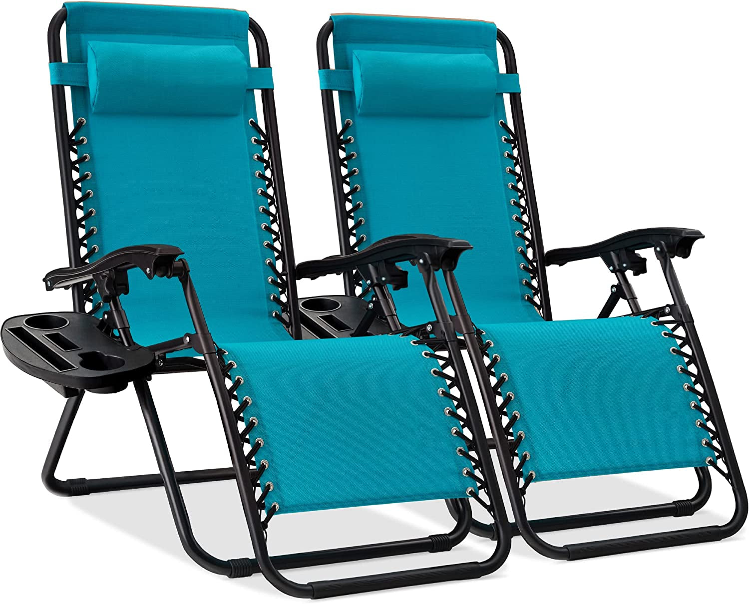 Set of 2 Adjustable Steel Mesh Zero Gravity Lounge Chair Recliners W/Pillows and Cup Holder Trays - Black