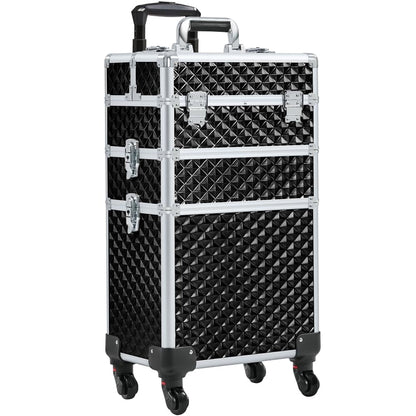 Rolling Makeup Train Case 3 in 1 Cosmetic Makeup Case Large Aluminum Trolley Makeup Travel Case Professional Rolling Cosmetic Beauty Storage, with 360° Swivel Wheels, Black