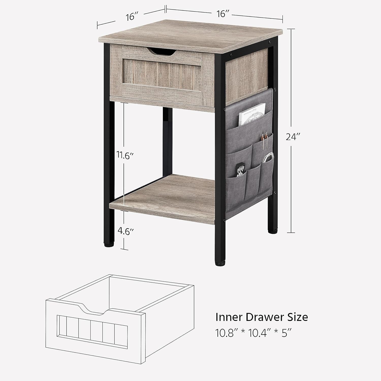 End Table with Drawer and Shelf, Sofa Side Table with Removable Storage Bag, Wooden Nightstand Bedside Table with Steel Legs for Living Room/Bedroom/Small Space, Gray