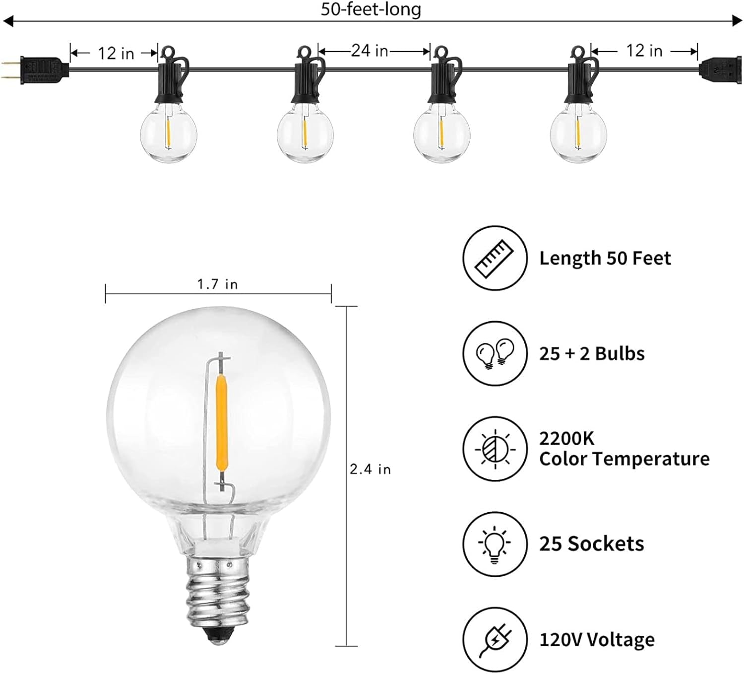 Outdoor String Lights - Connectable Dimmable LED Patio String Lights with G40 Globe Plastic Bulbs, All Weatherproof Hanging Lights for outside Backyard Porch (50 Ft - 25 LED Bulbs)