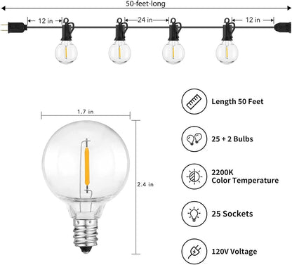 Outdoor String Lights - Connectable Dimmable LED Patio String Lights with G40 Globe Plastic Bulbs, All Weatherproof Hanging Lights for outside Backyard Porch (50 Ft - 25 LED Bulbs)