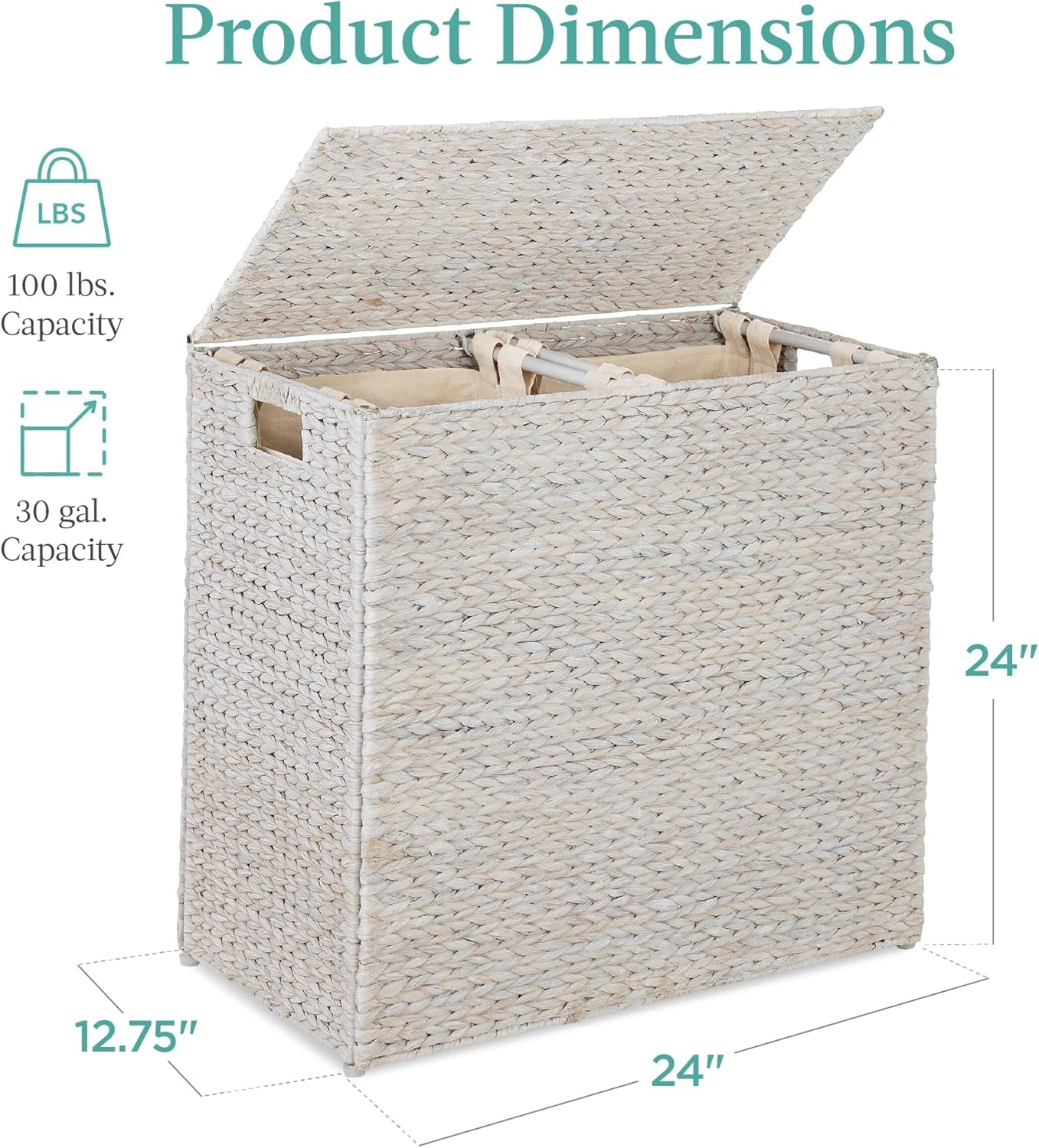 Large Double Laundry Hamper with Lid, Natural Handwoven Water Hyacinth, 2 Sections W/ 2 Machine Washable Linen Liner Bags, Portable, Handles - White