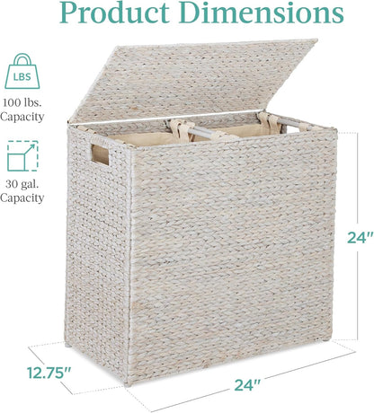 Large Double Laundry Hamper with Lid, Natural Handwoven Water Hyacinth, 2 Sections W/ 2 Machine Washable Linen Liner Bags, Portable, Handles - White