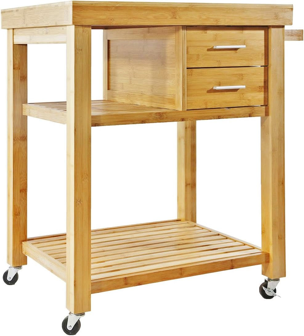 Rolling Kitchen Island Cart with Drawers Shelves, Towel Rack, Locking Casters, Butcher Block Food Prepping Cart Trolley on Wheels, Bamboo Wood