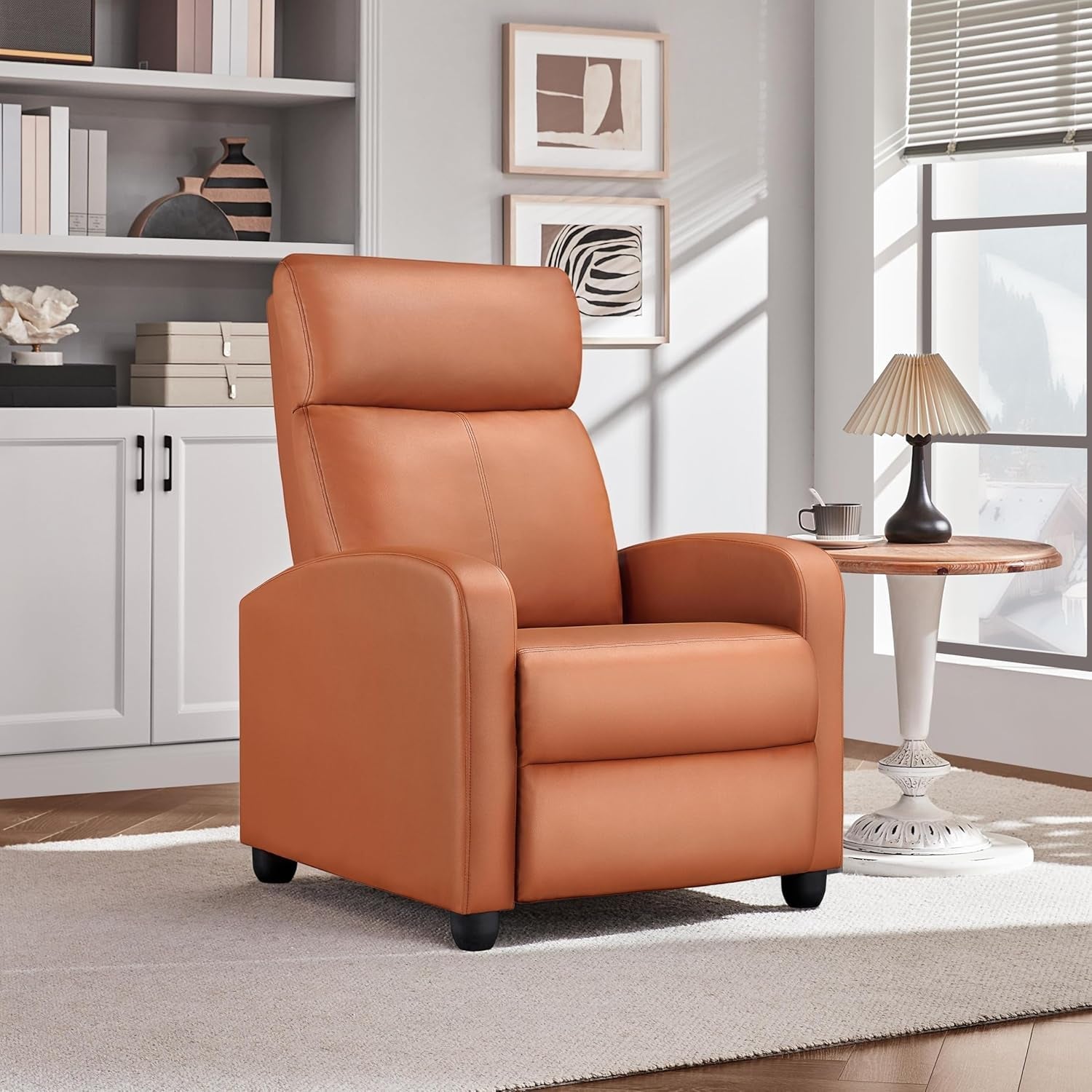 Recliner Chair PU Leather Recliner Sofa Home Theater Seating with Lumbar Support Overstuffed High-Density Sponge Push Tan Recliners