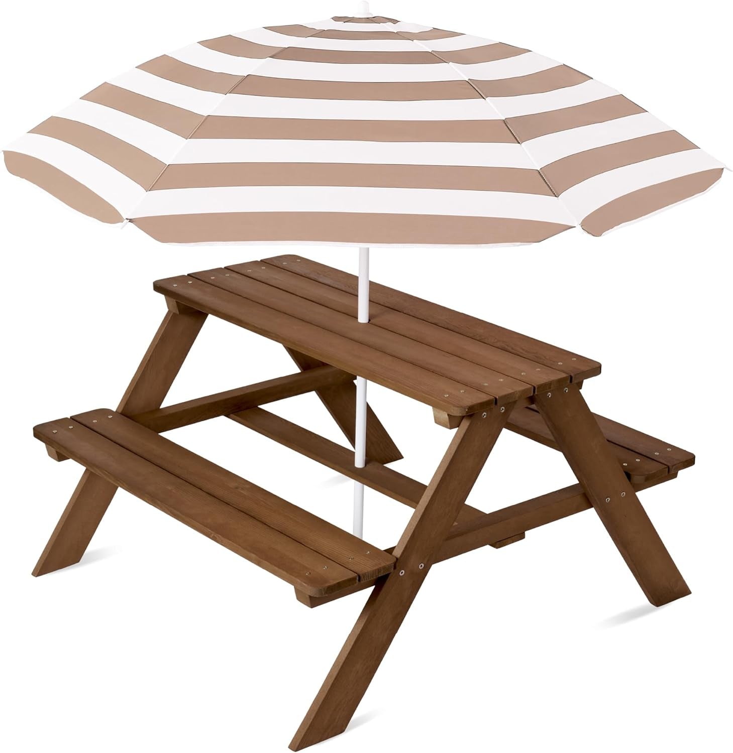 Kids Wooden Picnic Table, Outdoor Activity &amp; Dining Table W/Adjustable Collapsible Umbrella, Built-In Seats - Golden Brown/Navy