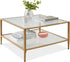 32” Square Glass Coffee Table, Large 2-Tier Accent Furniture for Living Room, Bedroom W/Metal Frame, Glass Shelves - Gold