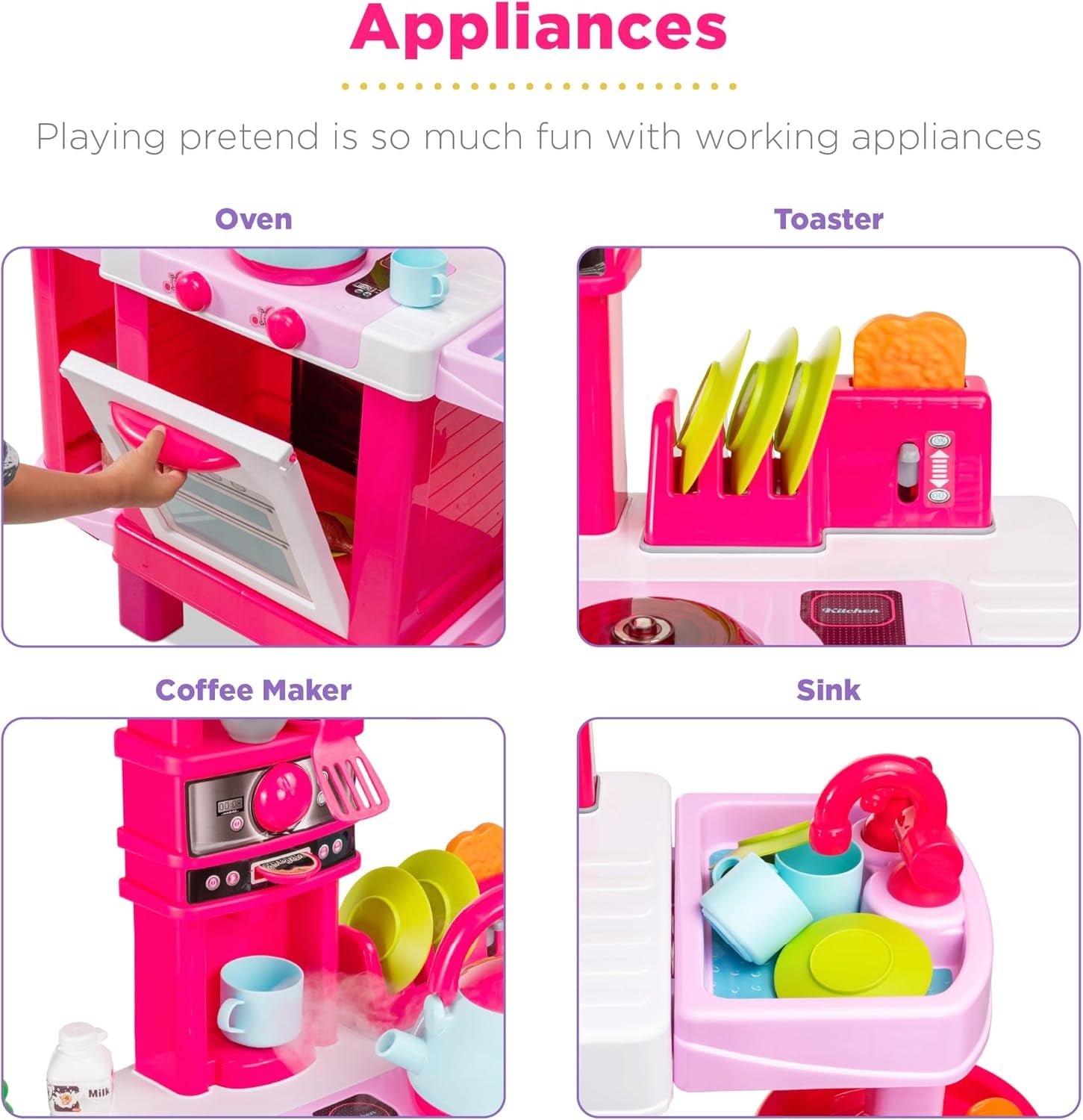 Pretend Play Kitchen Toy Set for Kids with Water Vapor Teapot, 34 Accessories, Sounds, Realistic Design, Utensils, Oven, Food, Sink - Pink