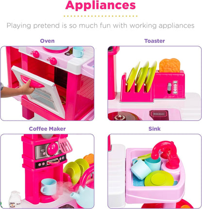 Pretend Play Kitchen Toy Set for Kids with Water Vapor Teapot, 34 Accessories, Sounds, Realistic Design, Utensils, Oven, Food, Sink - Pink