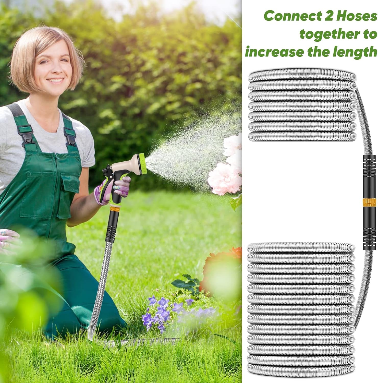 Garden Hose 50 Ft, Stainless Steel Water Hose with 10 Function Nozzle Flexible, Heavy Duty, Lightweight, No-Kink, Pet Proof, Puncture Proof Hose Metal for Yard,Outdoor