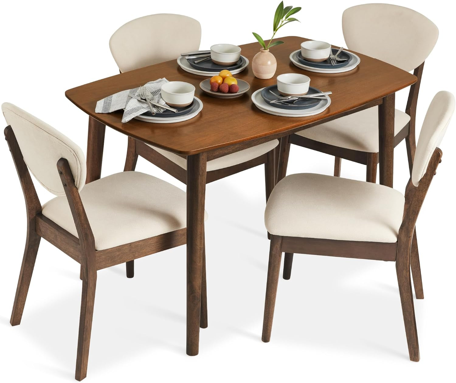 5-Piece Dining Set, Compact Mid-Century Modern Table &amp; Chair Set for Home, Apartment W/ 4 Chairs, Padded Seats &amp; Backrests, Wooden Frame - Walnut/Cream