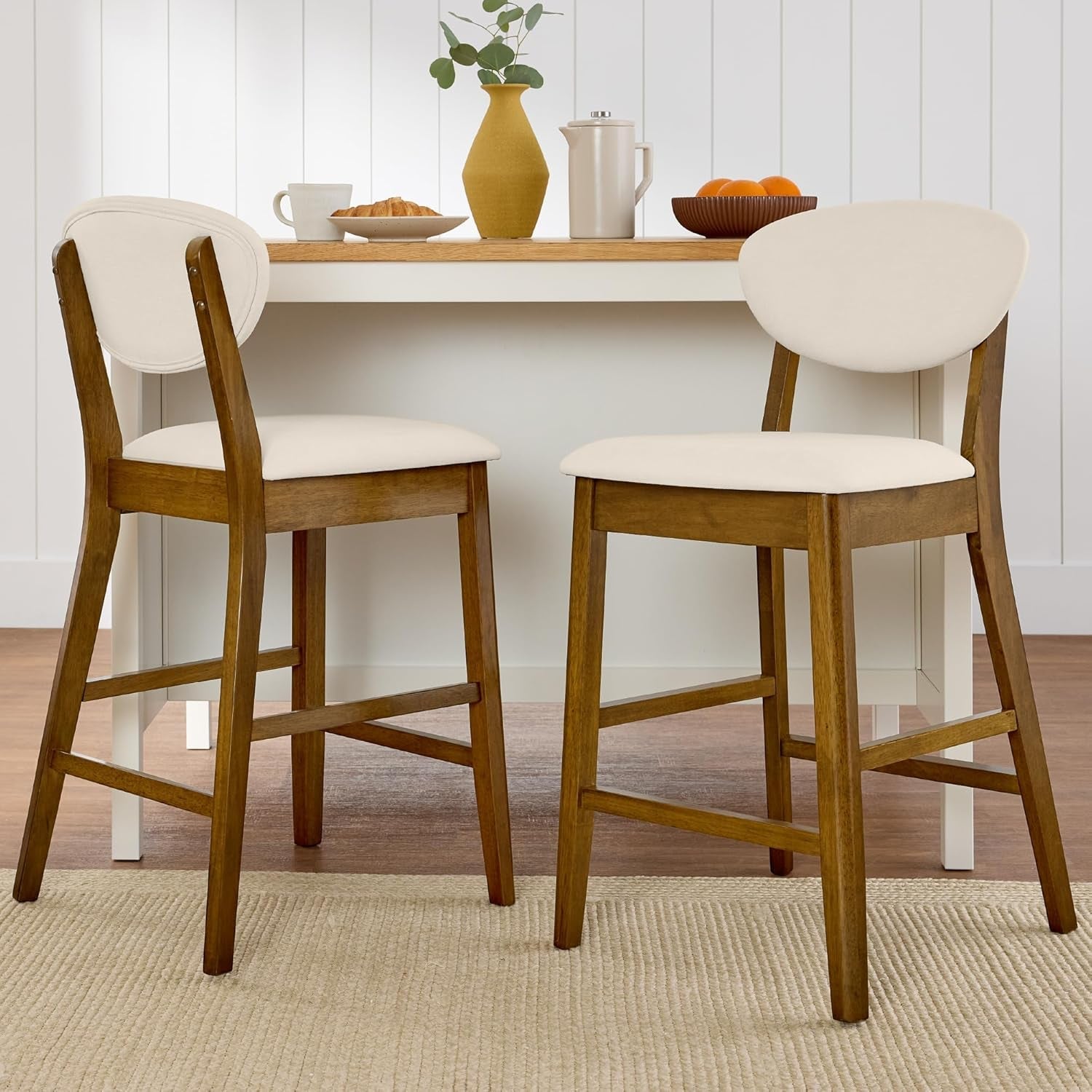 Bar Stool Set of 2, Mid-Century Modern Upholstered Wood, Armless Counter Height W/Seat Cushion, Backrest - Walnut/Cream