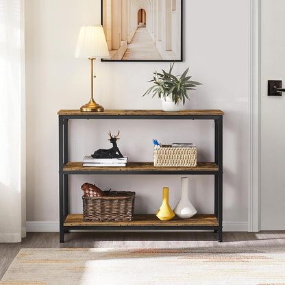 Industrial Console Table, 3 Tier Entryway Table with Storage Shelves, Narrow Sofa Table for Living Room, Foyer, Hallway, Entrance, Metal Frame, Rustic Brown