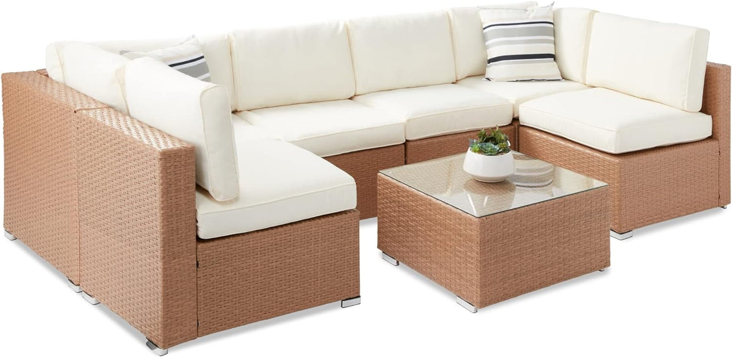 7-Piece Modular Outdoor Sectional Wicker Patio Conversation Set W/ 2 Pillows, Coffee Table, Cover Included - Gray/Navy