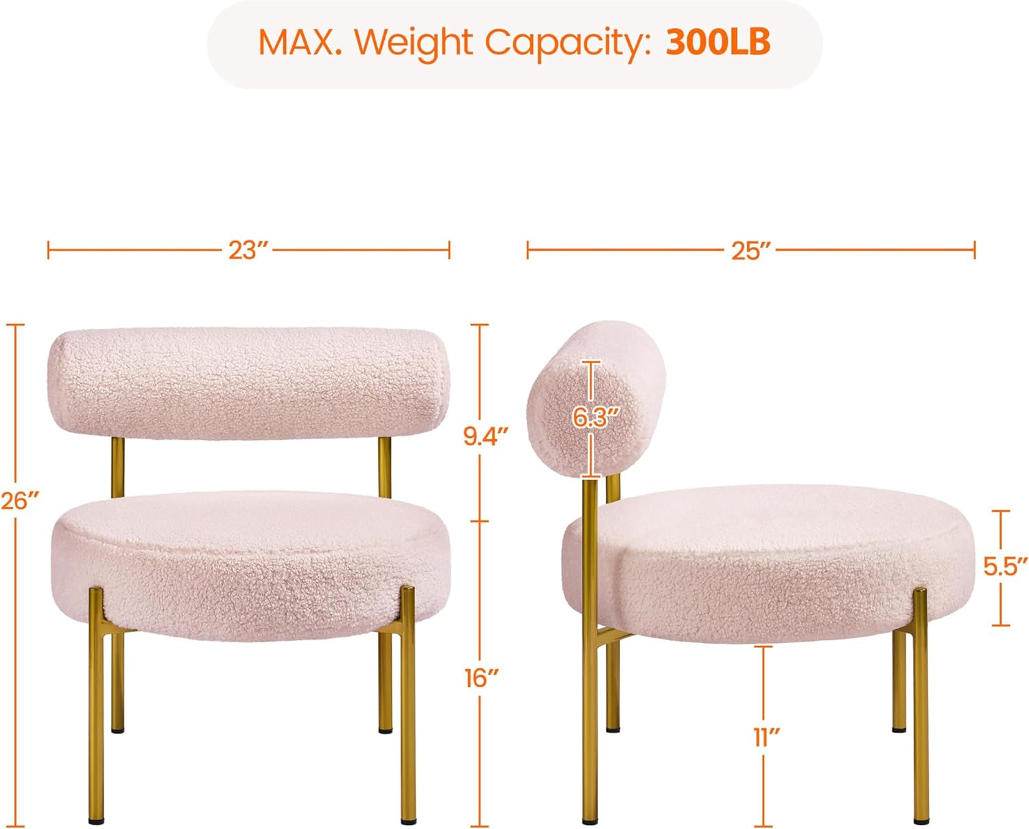 Boucle Vanity Chair, Modern Tufted Accent Chair, Cozy Sherpa Barrel Chair with Gold Legs, Club Chair for Living Room Bedroom Makeup Room Home Office, Pink