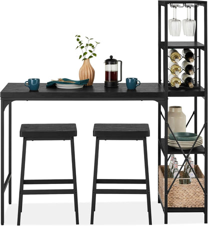 3-Piece Counter Height Dining Set, Desk, Bar, Kitchen Island Table W/ 2 Stools, Wine Rack &amp; Storage Shelves - Black