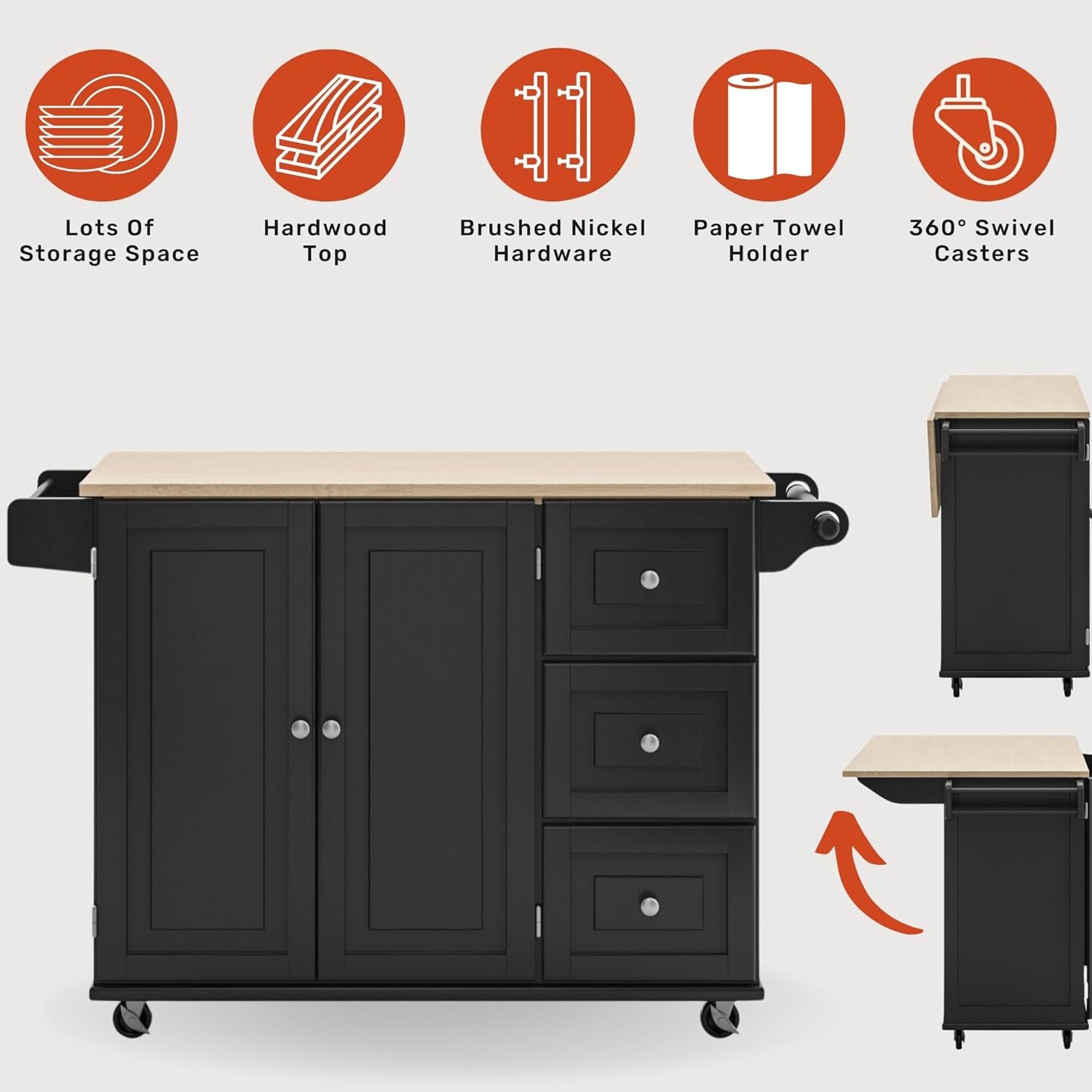 Dolly Madison Kitchen Cart with Wood Top and Drop Leaf Breakfast Bar, Rolling Mobile Kitchen Island with Storage and Towel Rack, 54 Inch Width, Black