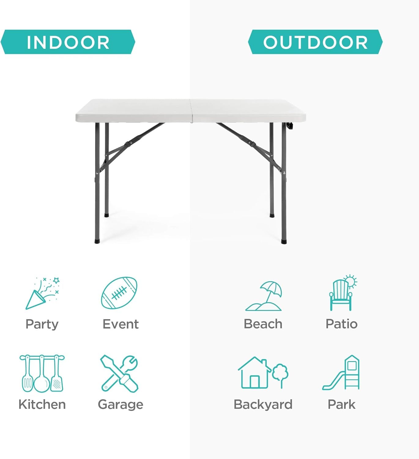 4Ft Plastic Folding Table, Indoor Outdoor Heavy Duty Portable W/Handle, Lock for Picnic, Party, Camping - White