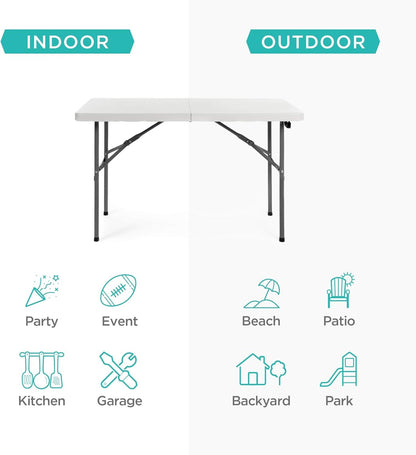 4Ft Plastic Folding Table, Indoor Outdoor Heavy Duty Portable W/Handle, Lock for Picnic, Party, Camping - White