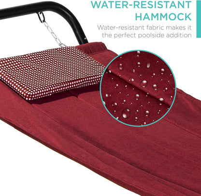 Outdoor Hammock Bed with Stand for Patio, Backyard, Garden, Poolside W/Weather-Resistant Polyester, 500LB Weight Capacity, Pillow, Storage Pockets - Red