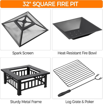 Multifunctional Fire Pit Table 32In Square Metal Firepit Stove Backyard Patio Garden Fireplace for Camping, Outdoor Heating, Bonfire and Picnic