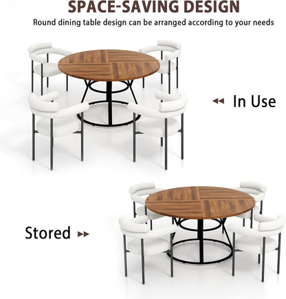 47” round Dining Table Set for 4, Small round Kitchen Table with 4 Boucle Dinner Chairs, Modern Circle 5 Piece Dining Table with Steel Legs (White)