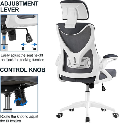 Ergonomic Mesh Office Chair, High Back Desk Chair with with Flip-Up Armrests, Adjustable Padded Headrest Computer Chair with Lumbar Support for Home Oiffce Game Room, White/Gray