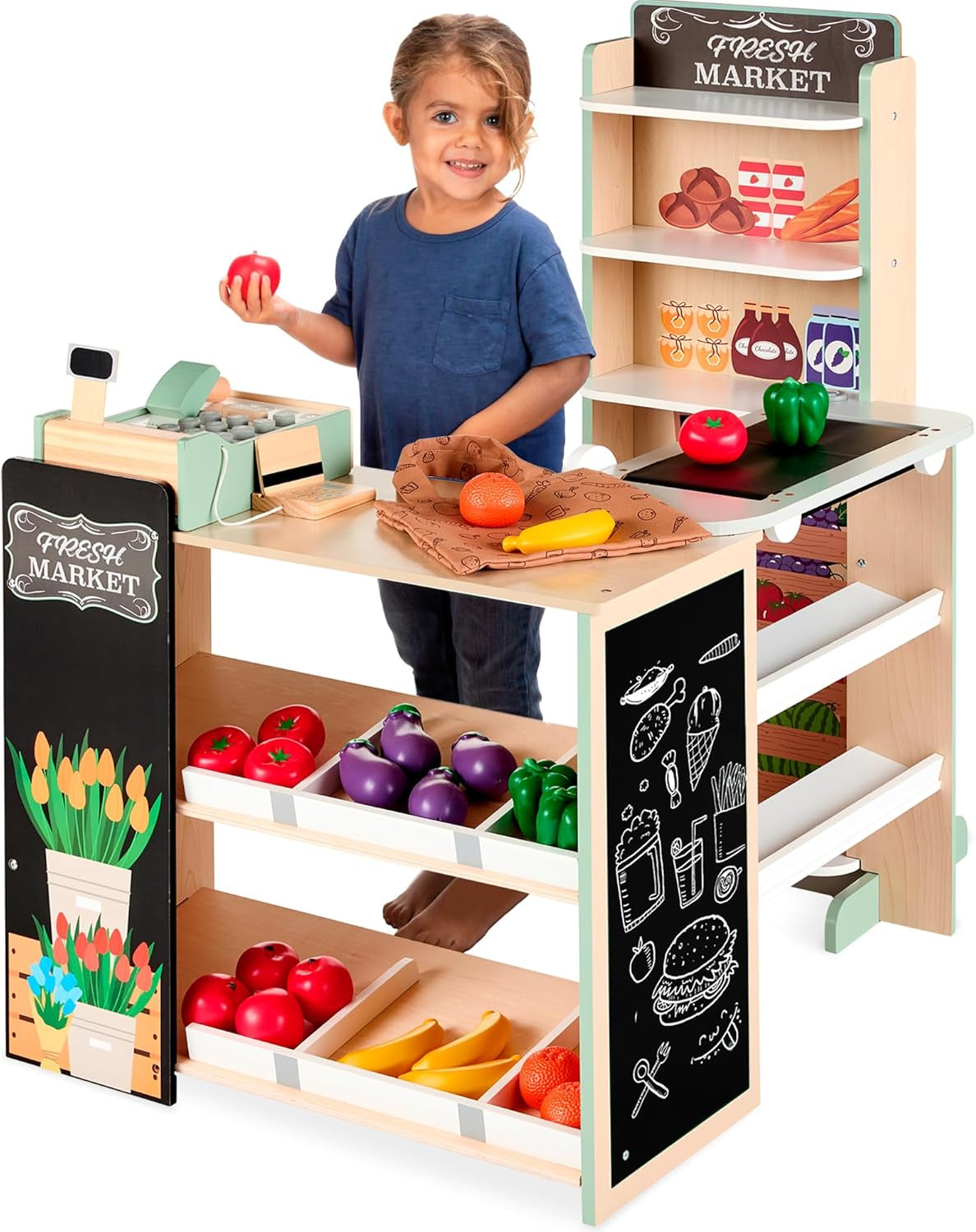 Pretend Play Grocery Store Wooden Supermarket Toy Set for Kids W/Play Food, Chalkboard, Cash Register, Working Conveyor - Red