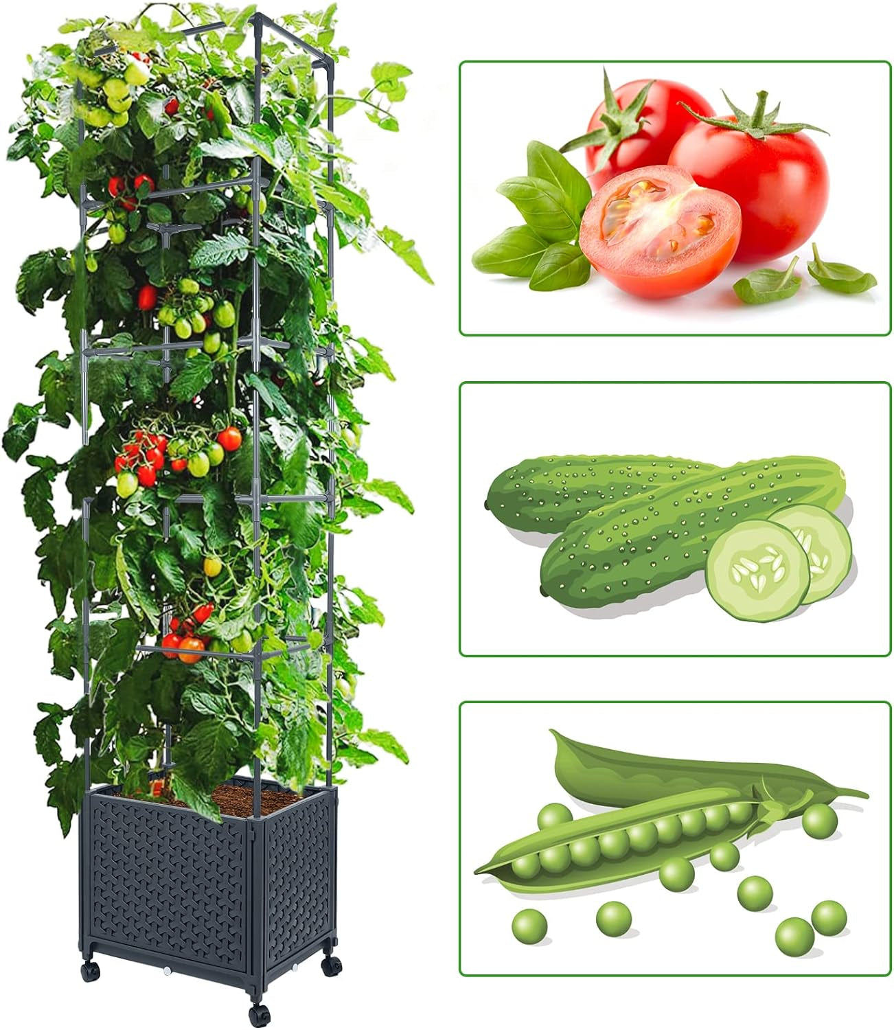 Raised Garden Bed Planter Box with Trellis, 67.6” Tomato Planters for Climbing Plants Vegetable Vine Flowers Outdoor Patio, Tomatoes Cage W/Self-Watering &amp; Wheels