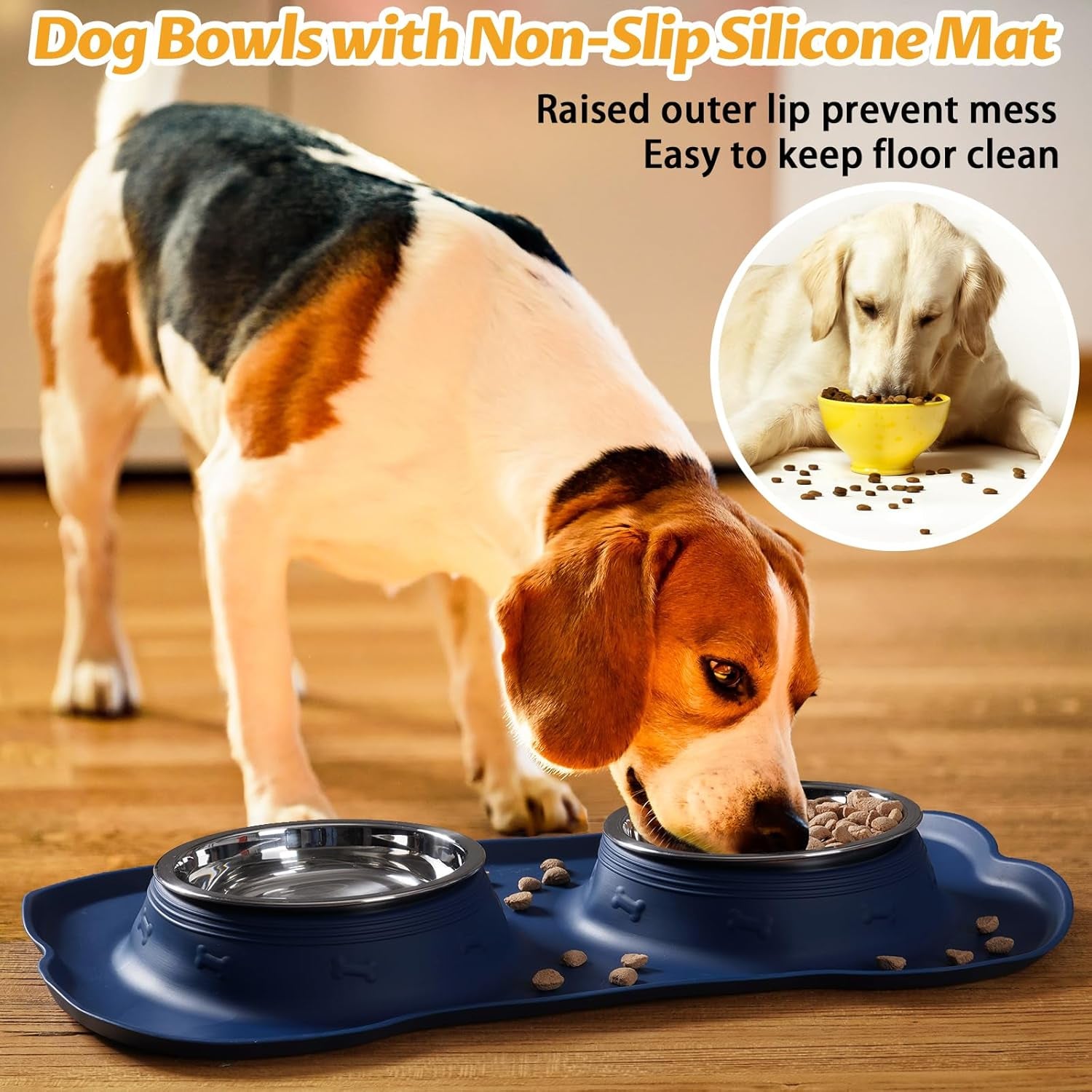 Pet Dog Bowls 2 Stainless Steel Dog Bowl with No Spill Non-Skid Silicone Mat + Pet Food Scoop Water and Food Feeder Bowls for Feeding Small Medium Large Dogs Cats Puppies (Small, Navy Blue)