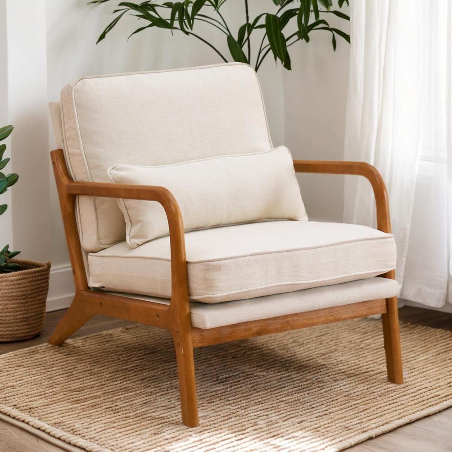 Accent Chair Mid-Century Modern Chair with Pillow Upholstered Lounge Arm Chair with Solid Wood Frame &amp; Soft Cushion for Living Room, Bedroom, Balcony, Linen Beige (Low Back)