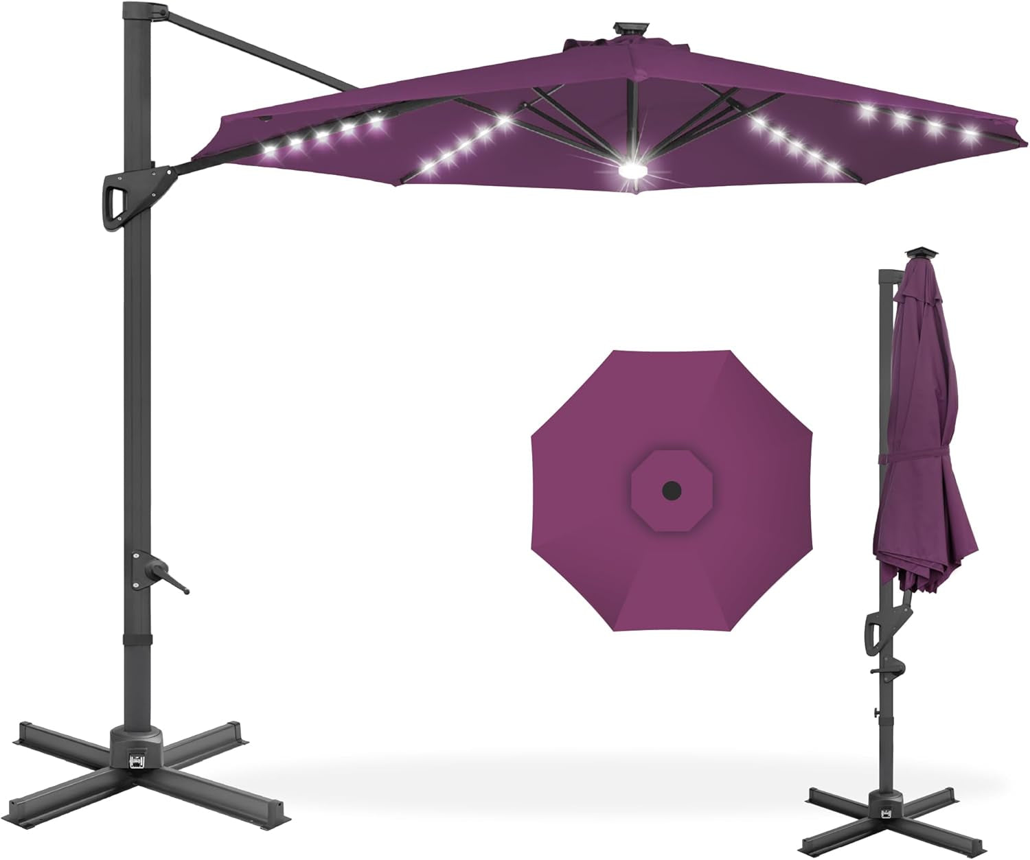 10Ft Solar LED Cantilever Patio Umbrella, 360-Degree Rotation Hanging Offset Market Outdoor Sun Shade for Backyard, Deck, Poolside W/Lights, Easy Tilt, Cross Base