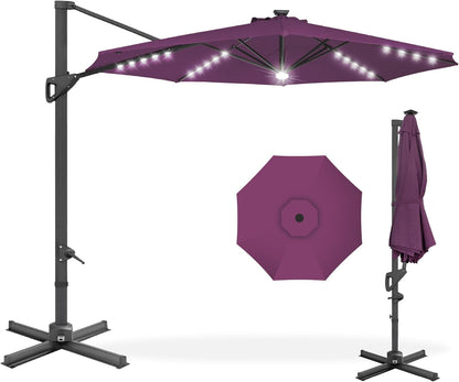 10Ft Solar LED Cantilever Patio Umbrella, 360-Degree Rotation Hanging Offset Market Outdoor Sun Shade for Backyard, Deck, Poolside W/Lights, Easy Tilt, Cross Base