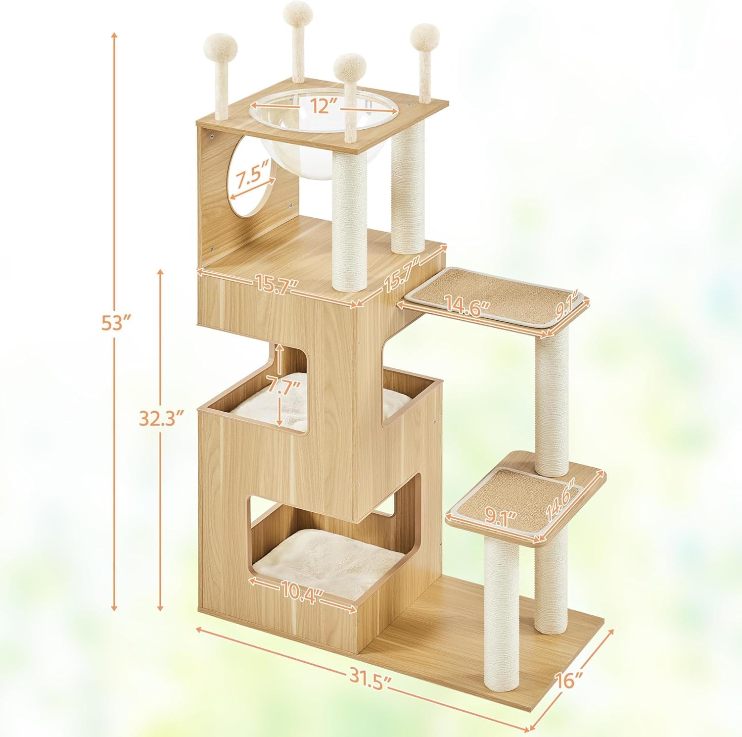 Wooden Cat Tree, 53In Modern Cat Tower for Indoor Cats with Scratching Posts Washable Detachable Cushion, Clear Bowl &amp; Teasing Balls, Multi-Level Heavy Duty Cat Condo Furniture for Large Cat