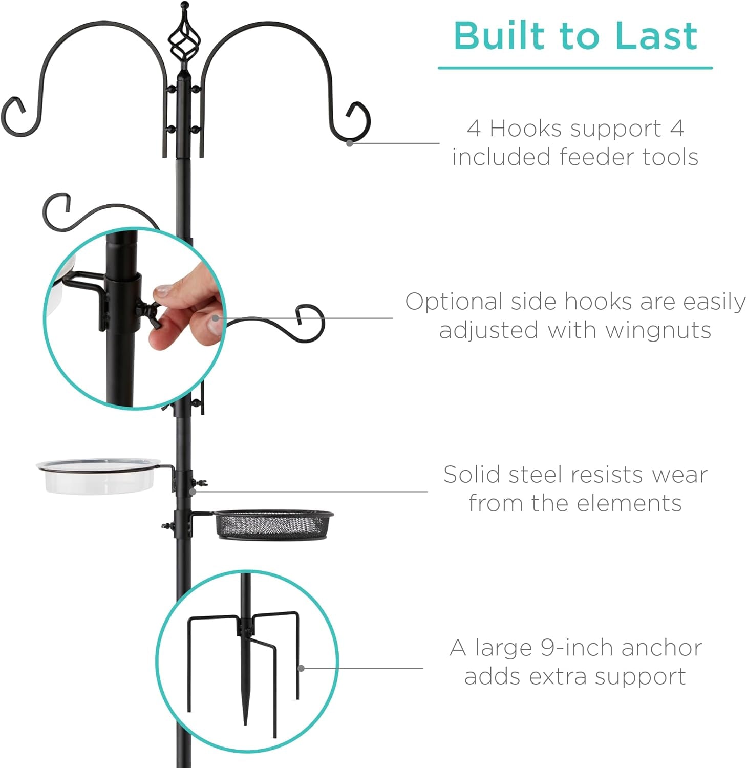 91In 4-Hook Bird Feeding Station, Steel Multi-Feeder Kit Stand for Attracting Wild Birds W/ 2 Bird Feeders, Mesh Tray, Bird Bath, 4-Prong Base - Black