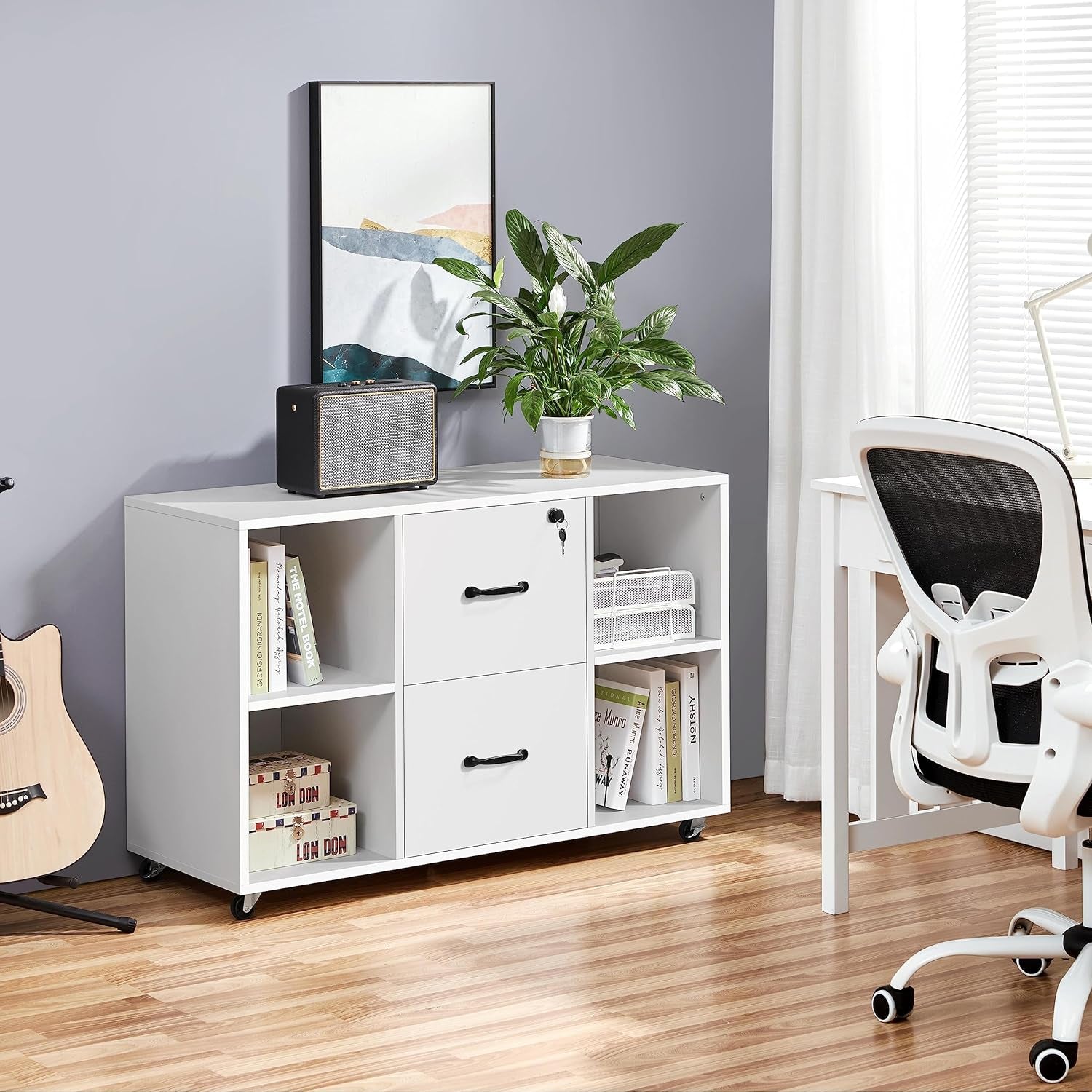 White File Cabinet Mobile Letter Size File Cabinet with 2 Drawers and 4 Open Storage Shelves Large Mobile Lateral Filing Cabinet Printer Stand for Home and Office