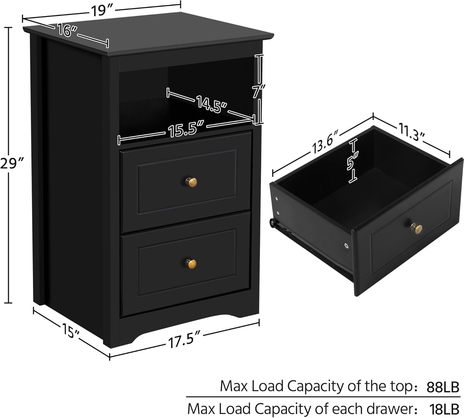 Tall Nightstand with 2 Drawer and 1 Open Shelf, 29&quot; High Bedside Table Wooden Flie Cabinet Telephone Table Bed Side Table with Storage for Bedroom Black