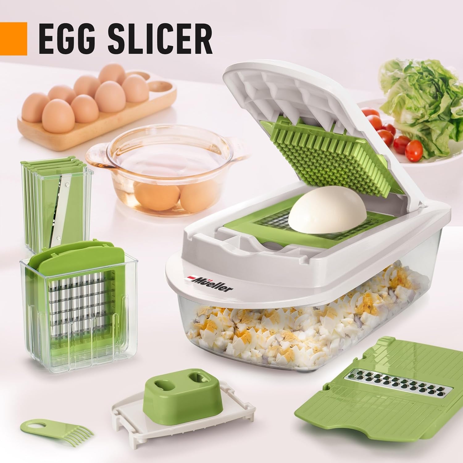 Pro-Series 10-In-1, 8 Blade Vegetable Chopper, Onion Mincer, Cutter, Dicer, Egg Slicer with Container, French Fry Cutter Potato Slicer, Home Essentials, Salad Chopper White Sand/Green