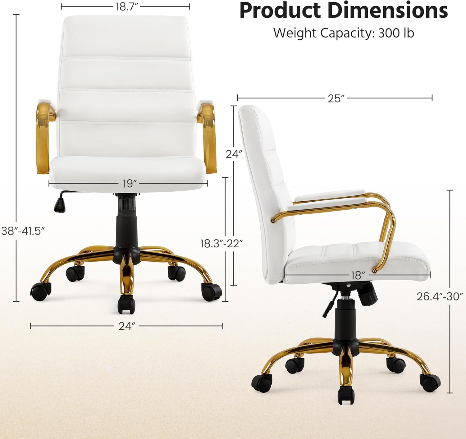 Mid-Back Office Chair PU Leather Desk Chair Adjustable Executive Task Chair W/Lumber Support Gold Leg White Seat