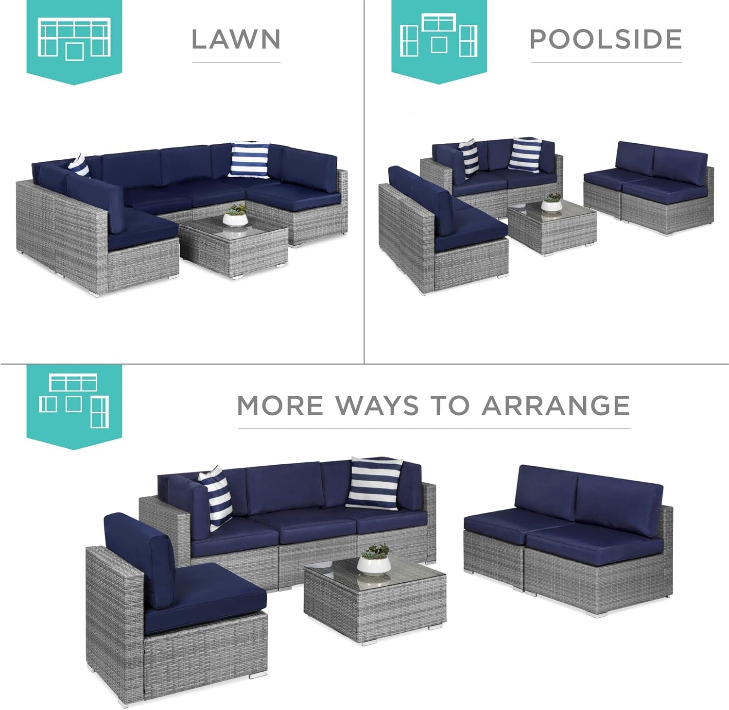 7-Piece Modular Outdoor Sectional Wicker Patio Conversation Set W/ 2 Pillows, Coffee Table, Cover Included - Gray/Navy