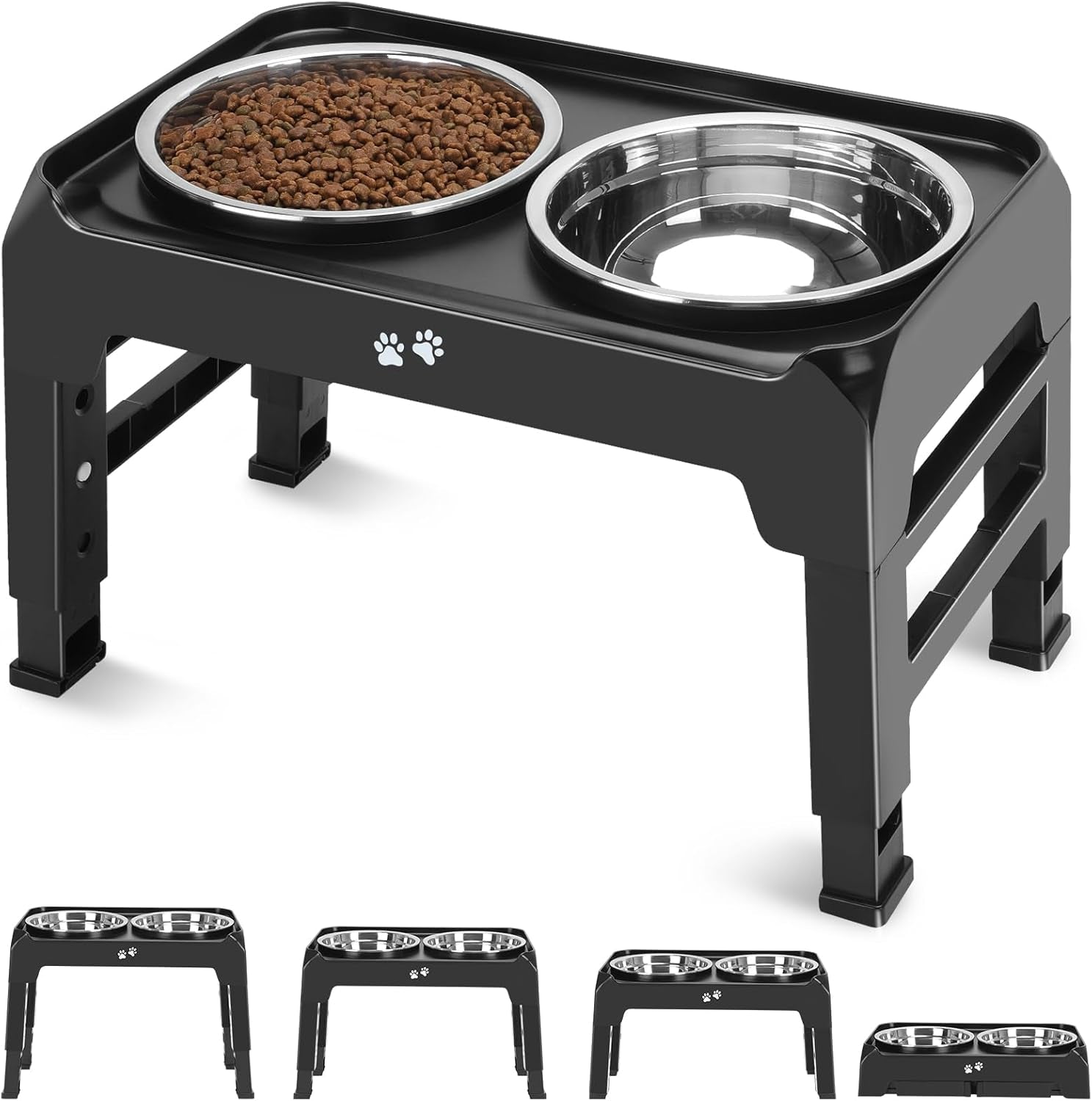 Elevated Dog Bowls, 4 Height Adjustable Raised Dog Bowl Stand with 2 Thick 50Oz Stainless Steel Dog Food Bowls Non-Slip Dog Feeder for Large Medium Dogs Adjusts to 3.7&quot;, 9.2&quot;, 10.75&quot;, 12.36&quot; Black