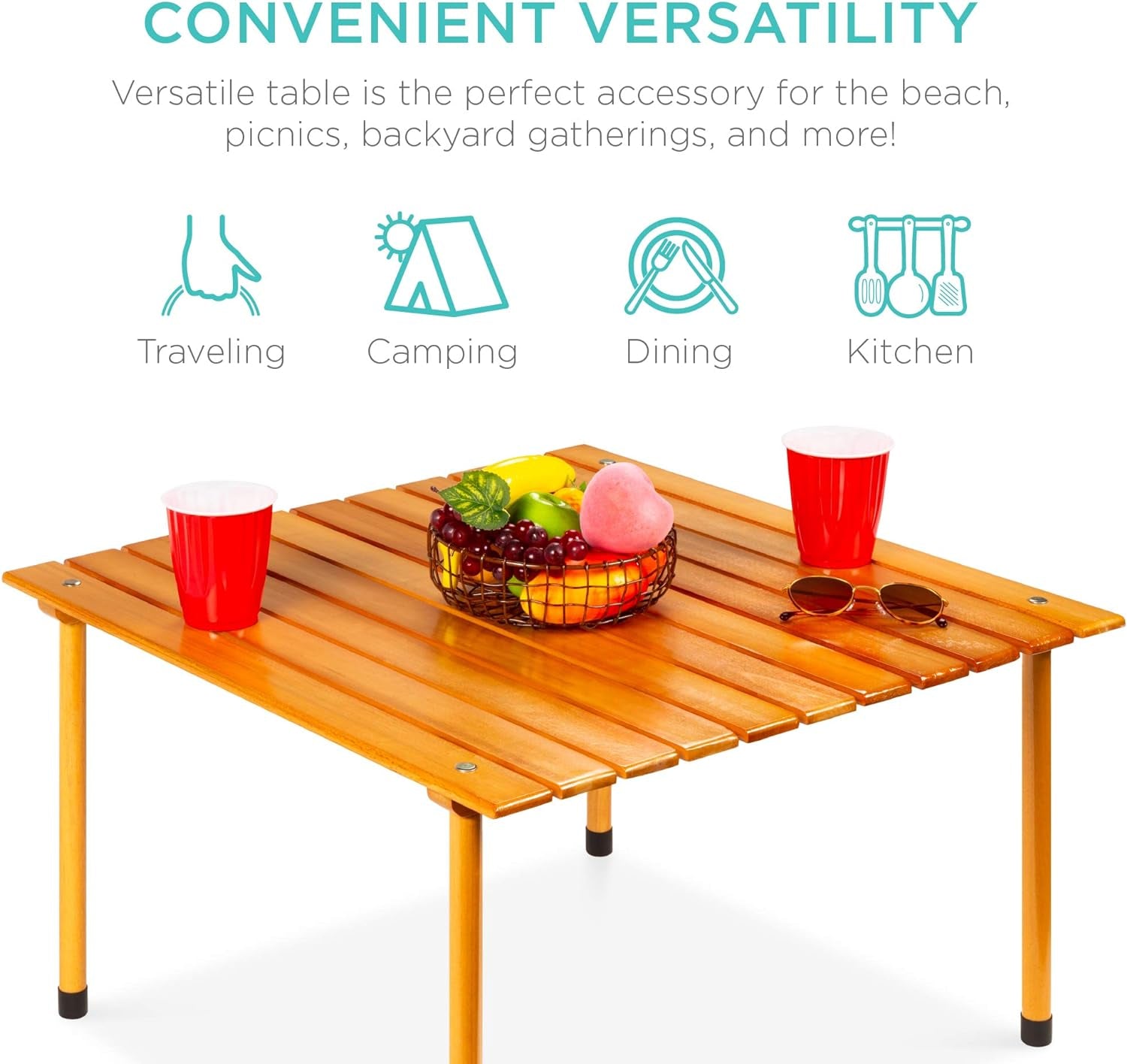 28X28In Foldable Indoor Outdoor All-Purpose Portable Wooden Table for Picnics, Camping, Beach, Tailgating, Patio, Kitchen, Living Room W/Carrying Case - Brown