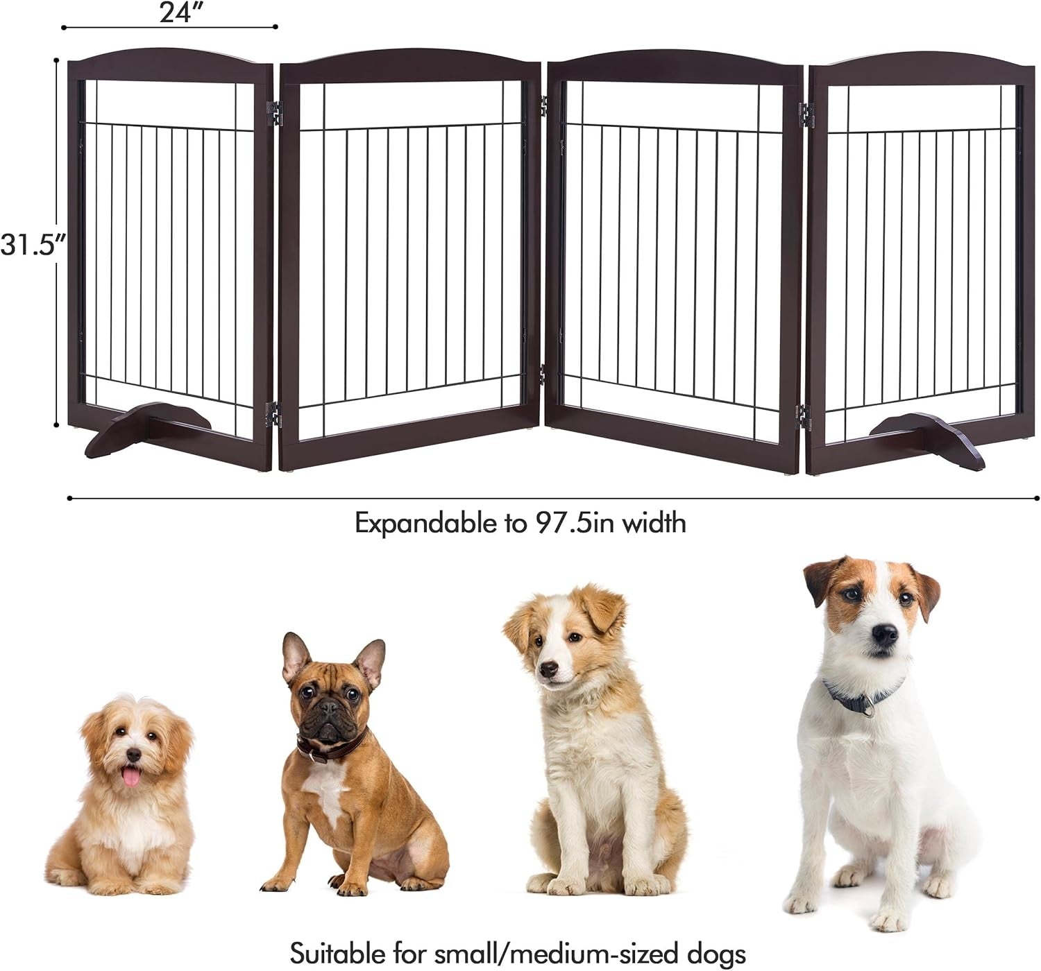 32-Inch Tall Dog Gate Extra Wide Pet Gate for Dogs Indoor Foldable Wire &amp; Wooden Puppy Safety Fence W/2 Support Feet,Freestanding Dog Gate for the House, Doorway, Stairs(Espresso,4 Panels)